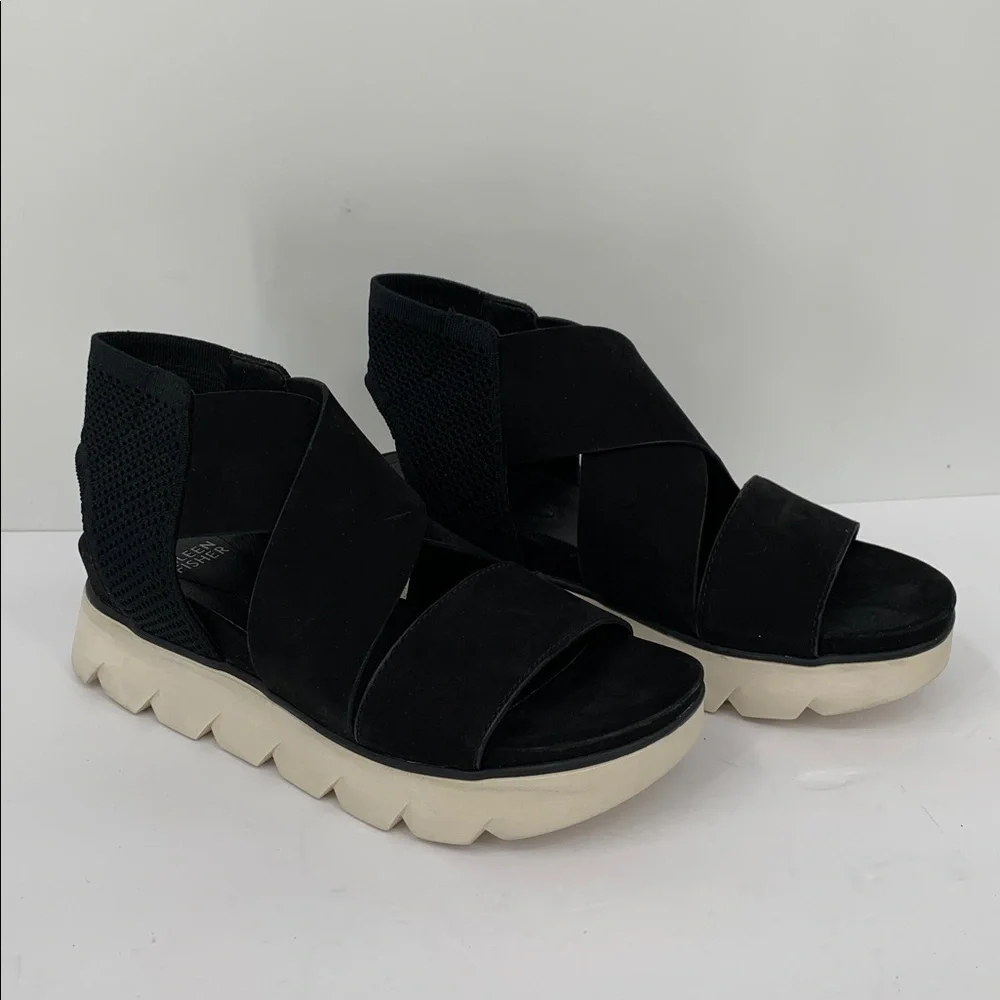 Eileen Fisher Chant platform wedge sandal black shoe leather strappy new 8.5
